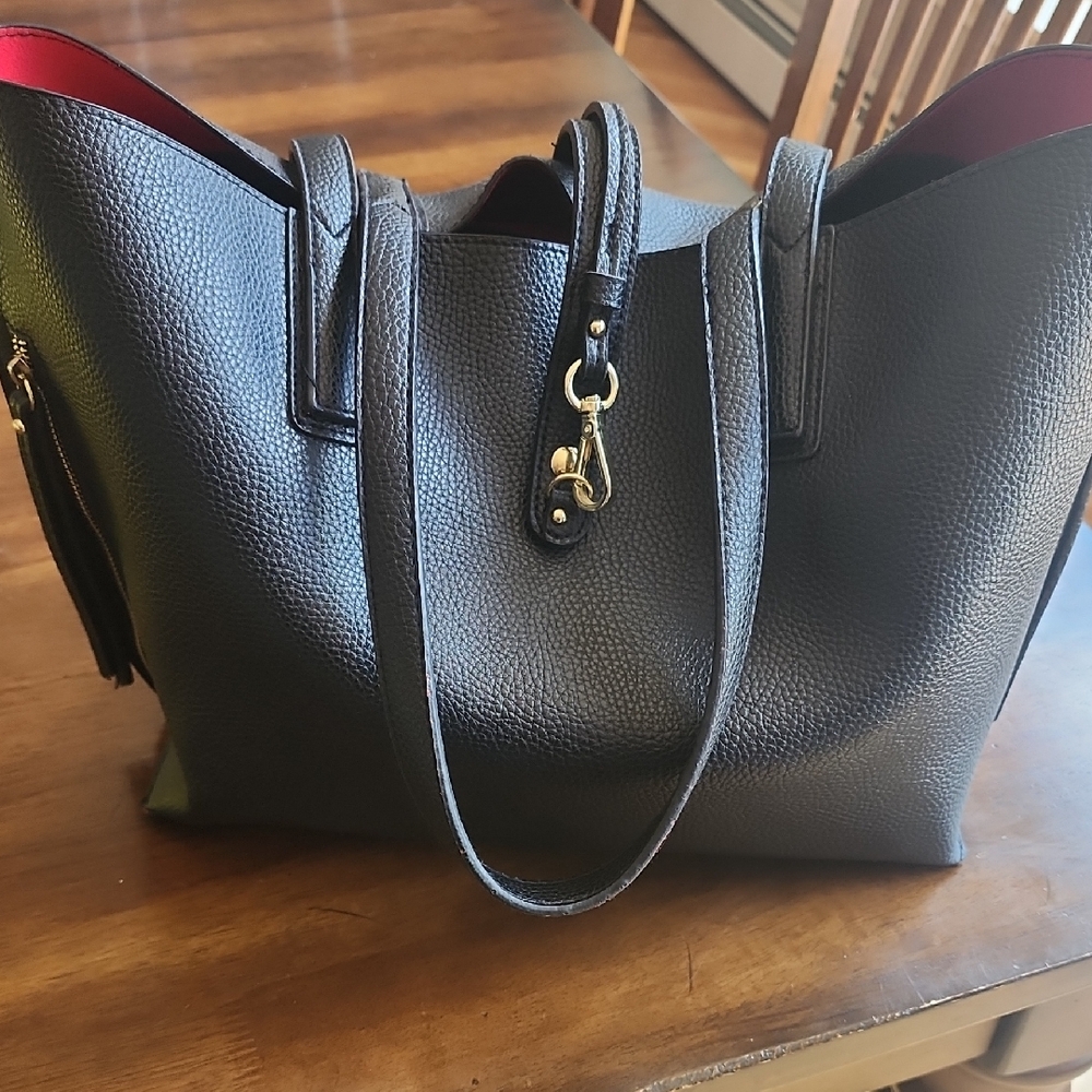 Elegant Travanti Black Faux Leather Tote Bag